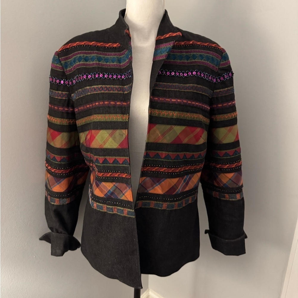 Coldwater Creek Black Denim Jacket with mixed fabric detail.  Size 14